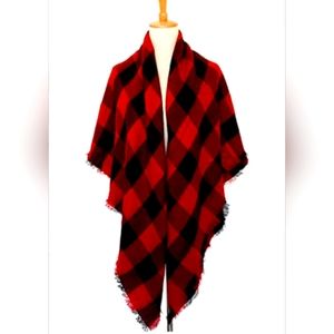 Red Plaid Scarf with Fringe Trim